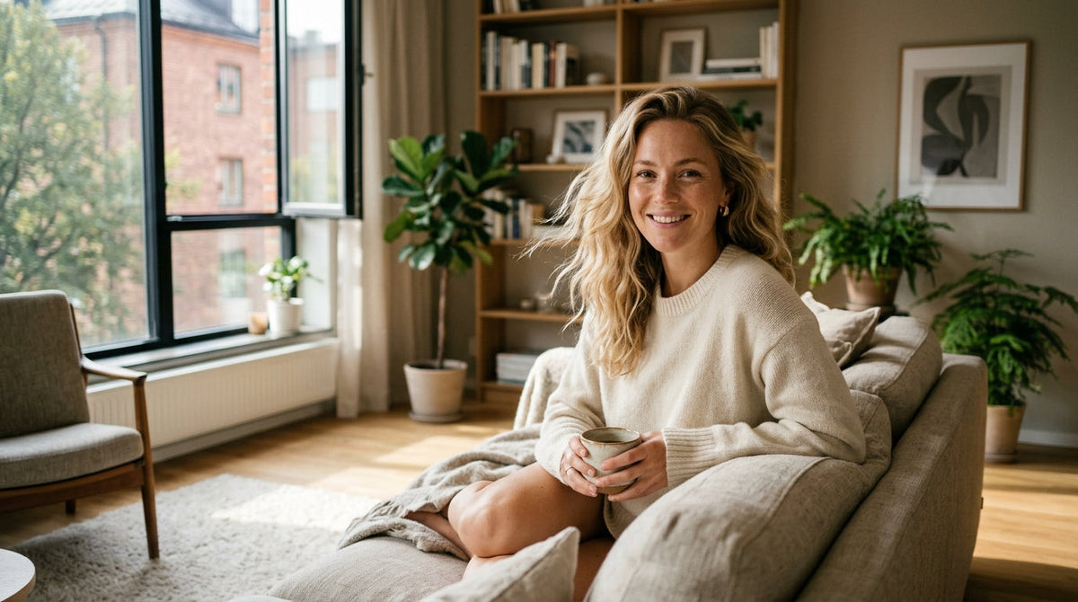 Kvinne sitter hjemme i en lys stue