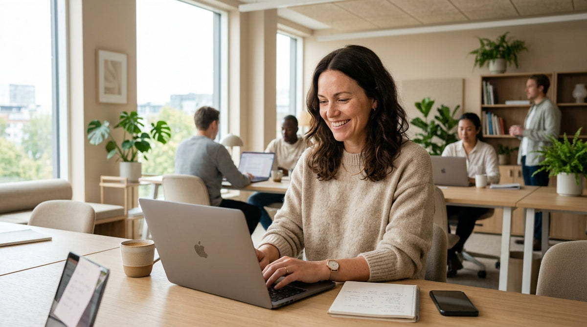 Kvinne arbeider på laptop i et åpent kontorlandskap